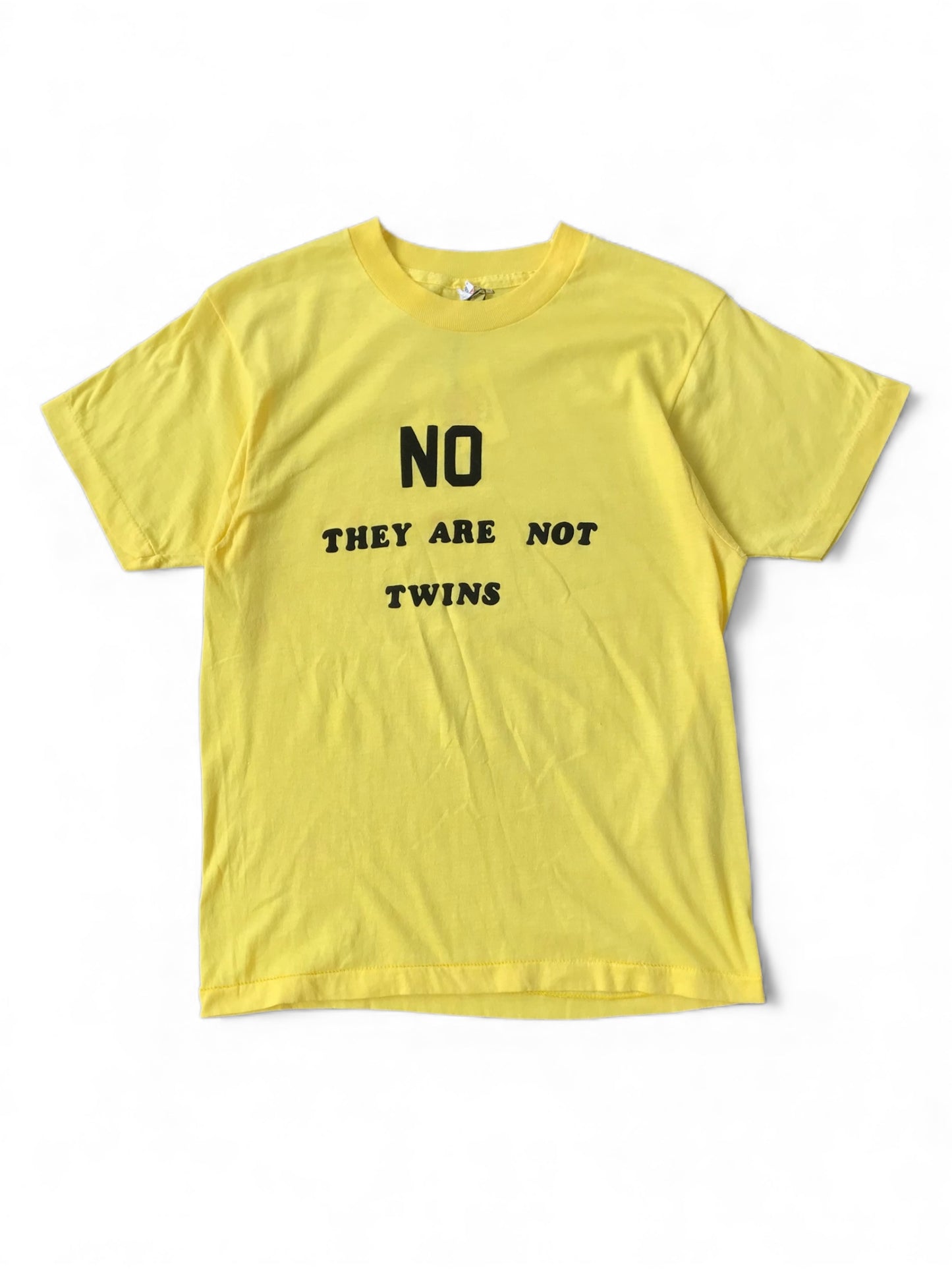 Vintage Yellow Graphic Tee – “NO THEY ARE NOT TWINS” (Size M)
