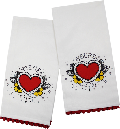 Tea Towel - Sourpuss - Heart W/ "Yours" & "Mine" - 2 Pack