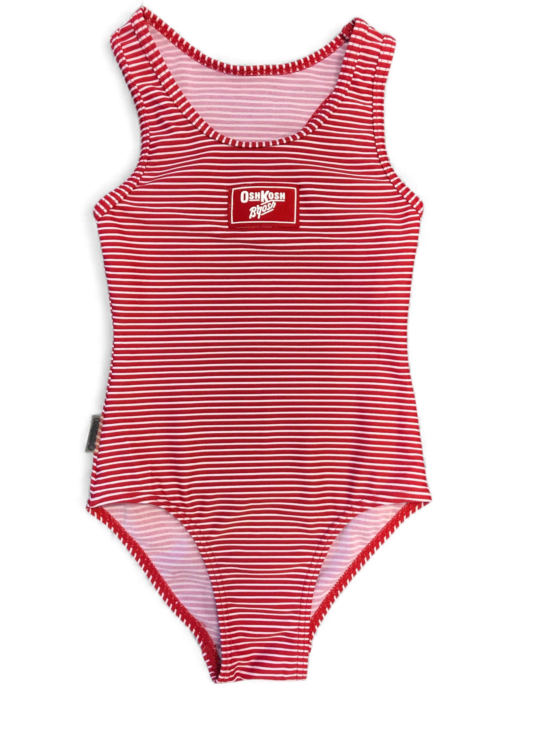 Vintage OshKosh Stripe Swimsuit – Red Logo One-Piece (Size 3–4)