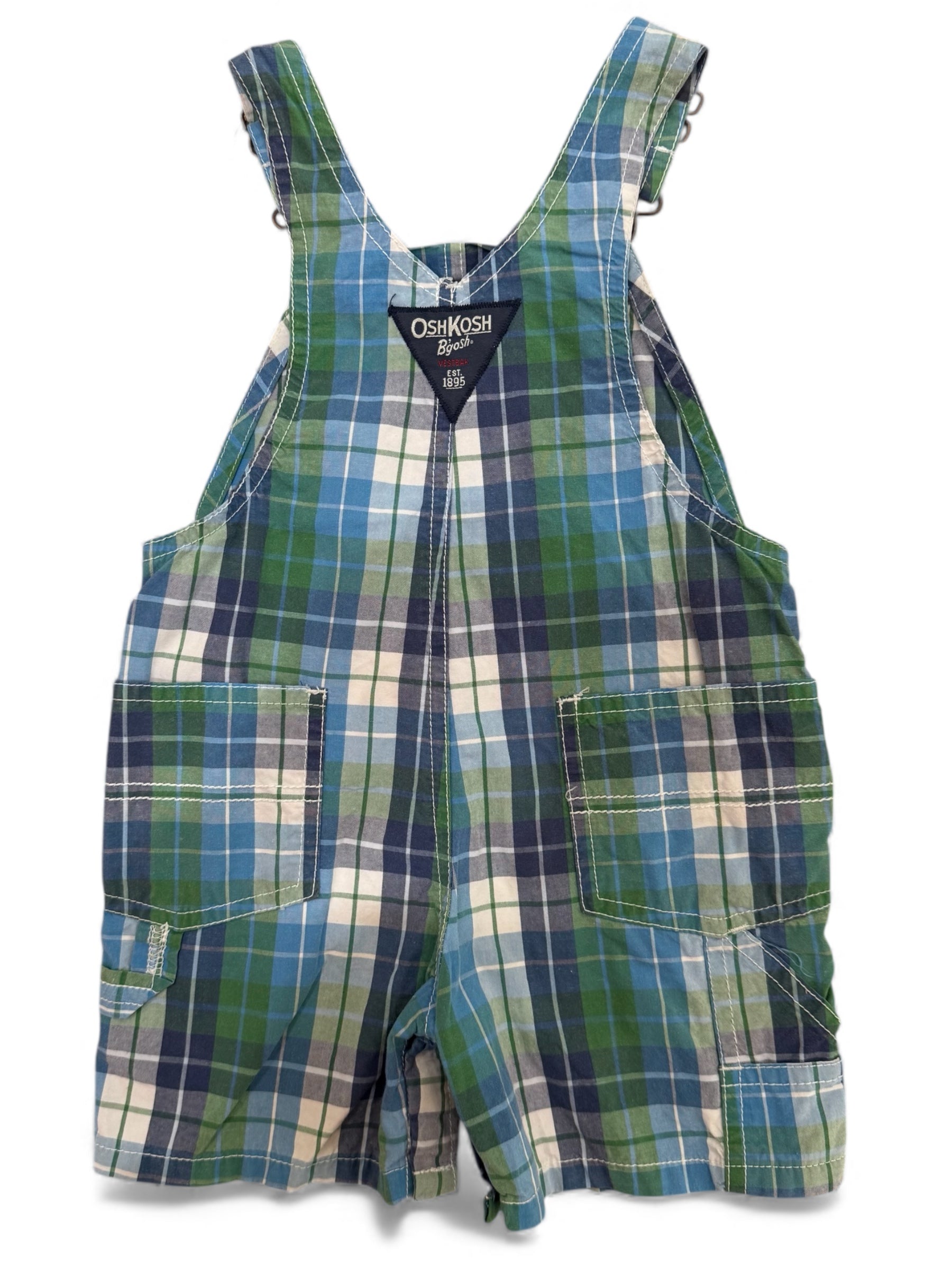 OshKosh Plaid Short Overalls – Green/Blue Tartan