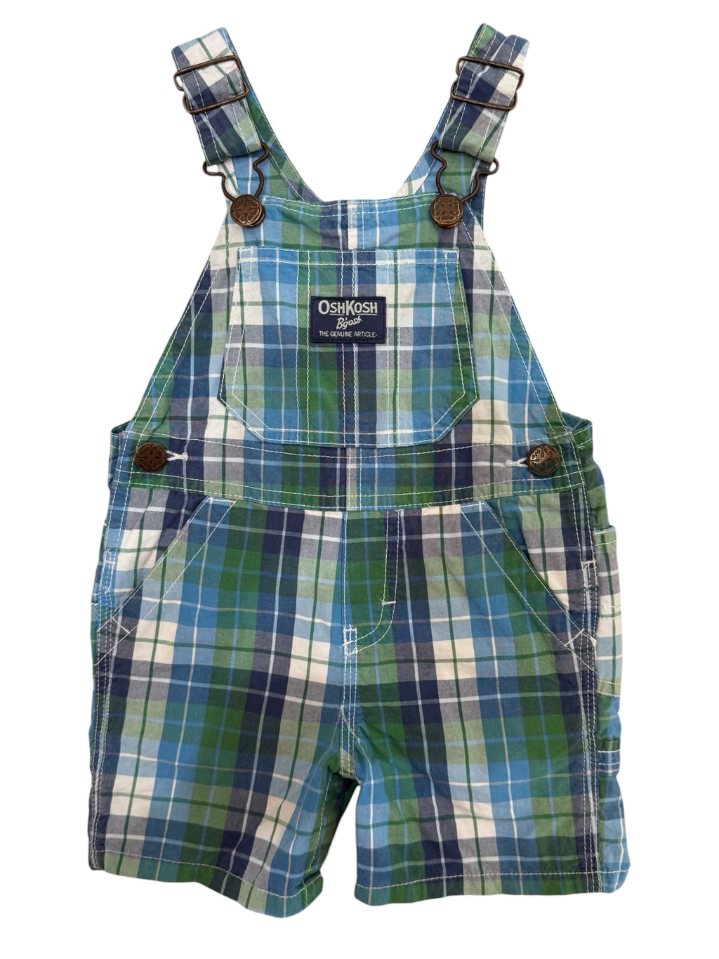OshKosh Plaid Short Overalls – Green/Blue Tartan