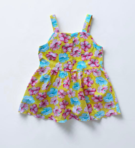 Kids Vintage Cotton Dress Yellow Hibiscus - Size 4/5