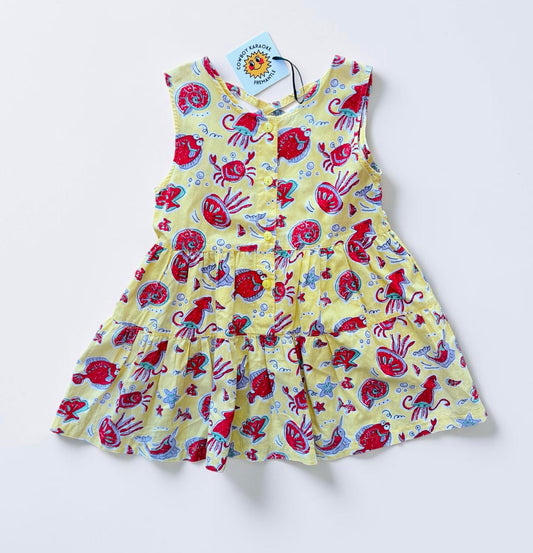 Kids Vintage Cotton Dress Yellow Sea Animals - Size 7/8
