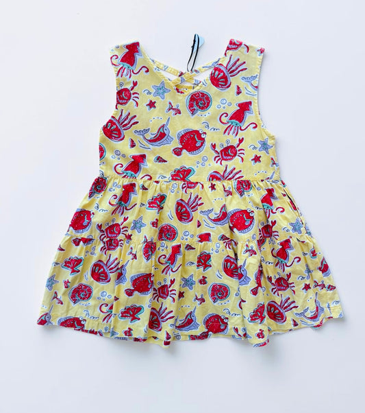 Kids Vintage Cotton Dress Yellow Sea Animals - Size 7/8