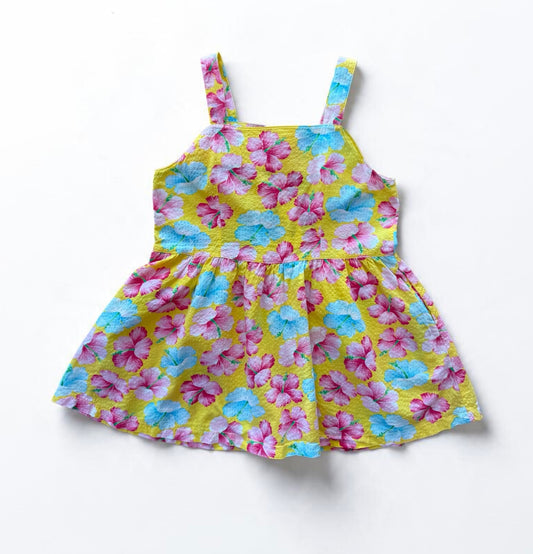Kids Vintage Cotton Dress Yellow Hibiscus - Size 4/5